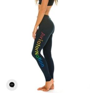 Aviator Nation Black Leggings with Rainbow Logo